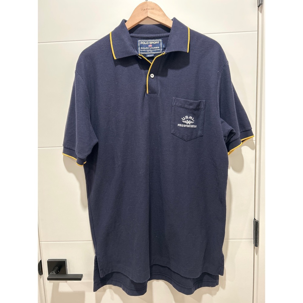 Vintage Polo Sport Ralph Lauren Navy Blue Yellow Trim Pique Polo Shirt Large